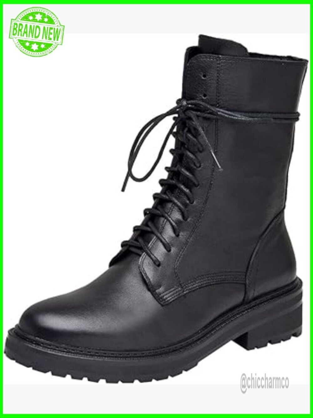 Women's Mid Calf Military Boots Leather Lace Up Motorcycle Combat Shoes